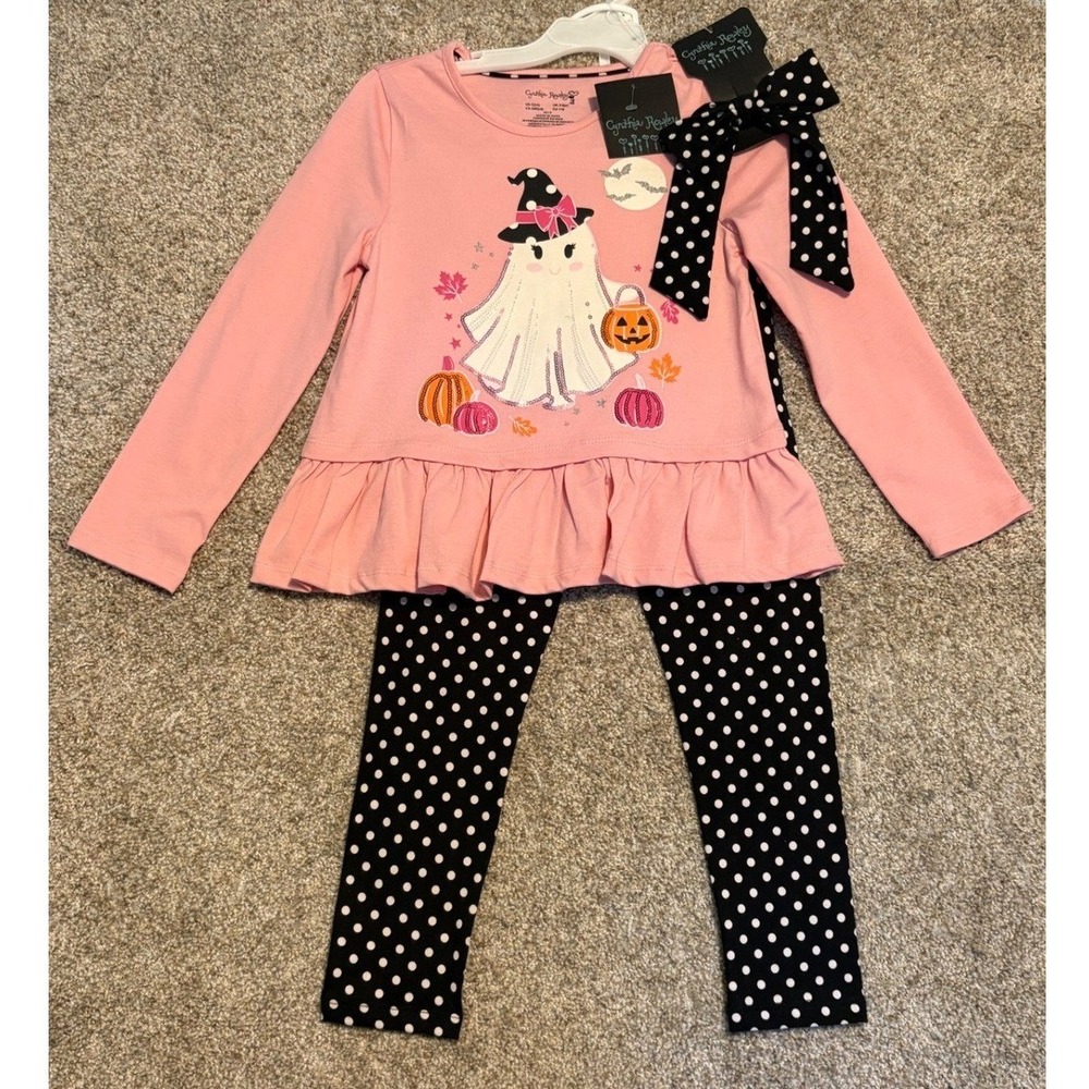 Halloween Ghost New Girls S 5/6 Leggings Hair Clip Bow Set Pink Polka Dot‎